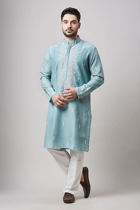 Sanjev Marwaaha Blue Soy Silk Embroidered Thread Mughal Kurta And Pant Set