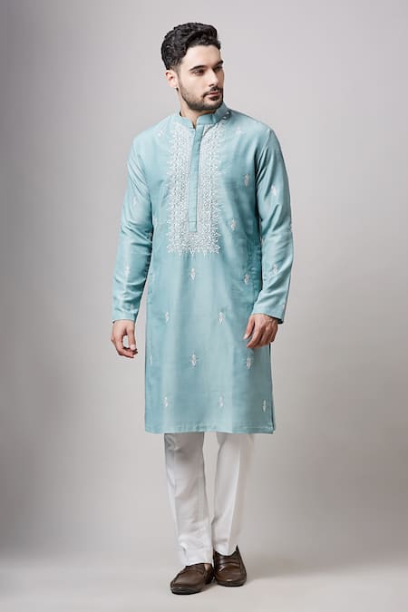 Buy Sanjev Marwaaha Blue Cotton, Silk Embroidery Mughal Kurta And Pant Set Online at Aza Fashions Buy_Sanjev Marwaaha_Blue Cotton, Silk Embroidery Mughal Kurta And Pant Set_Online_at_Aza_Fashions
