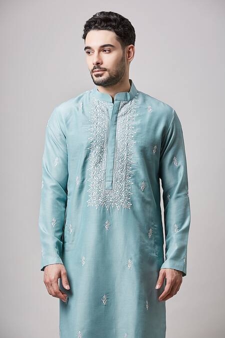 Shop Sanjev Marwaaha Blue Cotton, Silk Embroidery Mughal Kurta And Pant Set Online at Aza Fashions Shop_Sanjev Marwaaha_Blue Cotton, Silk Embroidery Mughal Kurta And Pant Set_Online_at_Aza_Fashions