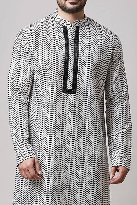 Buy_Sanjev Marwaaha_Black Cotton, Silk Beads Printed Embroidered Placket Kurta And Pant Set_Online_at_Aza_Fashions