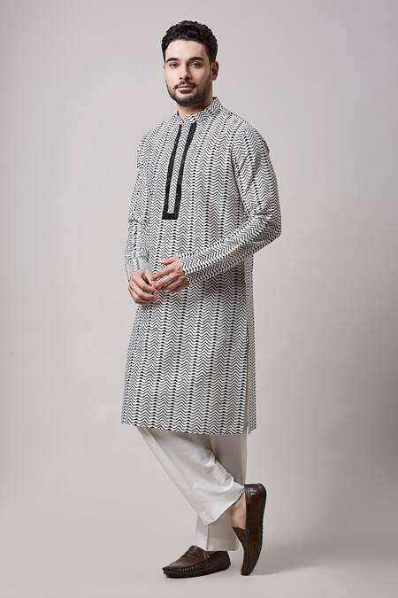 Shop_Sanjev Marwaaha_Black Cotton, Silk Beads Printed Embroidered Placket Kurta And Pant Set_Online_at_Aza_Fashions