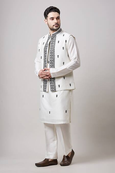 Shop_Sanjev Marwaaha_Ivory Cotton, Silk Embroidery Bundi Kurta Set_Online_at_Aza_Fashions