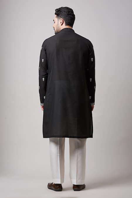Shop Sanjev Marwaaha Black Cotton, Silk Embroidery Kurta And Pant Set at Aza Fashions Shop_Sanjev Marwaaha_Black Cotton, Silk Embroidery Kurta And Pant Set_at_Aza_Fashions