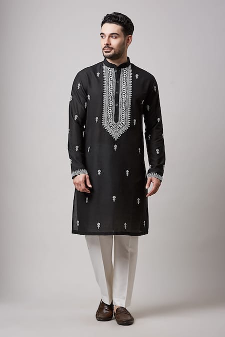 Buy Sanjev Marwaaha Black Cotton, Silk Embroidery Kurta And Pant Set Online at Aza Fashions Buy_Sanjev Marwaaha_Black Cotton, Silk Embroidery Kurta And Pant Set_Online_at_Aza_Fashions
