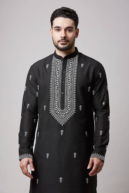 Shop Sanjev Marwaaha Black Cotton, Silk Embroidery Kurta And Pant Set Online at Aza Fashions Shop_Sanjev Marwaaha_Black Cotton, Silk Embroidery Kurta And Pant Set_Online_at_Aza_Fashions