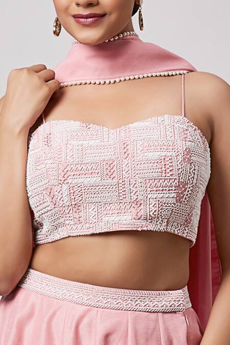 Buy_Sanjev Marwaaha_Pink Georgette, Silk Pearls, Embroidery Solid Kalidar Lehenga Bustier Set_Online_at_Aza_Fashions