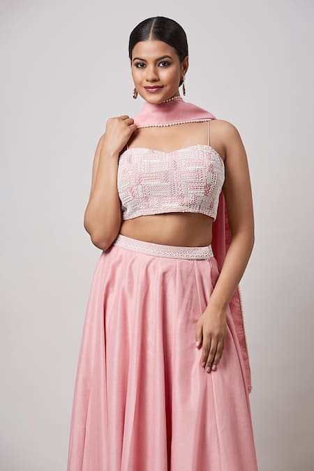 Shop_Sanjev Marwaaha_Pink Georgette, Silk Pearls, Embroidery Solid Kalidar Lehenga Bustier Set_Online_at_Aza_Fashions