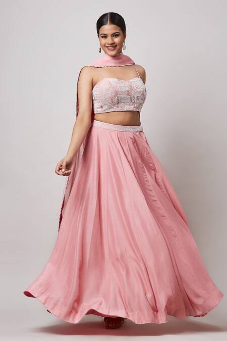 Sanjev Marwaaha_Pink Georgette, Silk Pearls, Embroidery Solid Kalidar Lehenga Bustier Set_at_Aza_Fashions