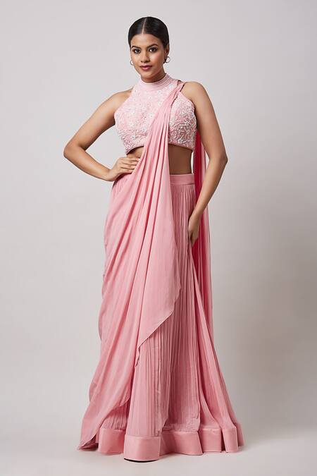 Sanjev Marwaaha Pink Soy Silk Hand Embroidery Pearl Halter Neck Pre-draped Saree With Blouse 