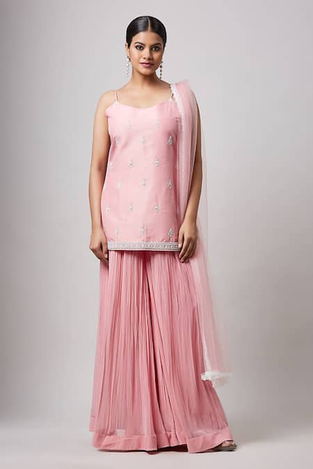 Sanjev Marwaaha Pink Soy Silk Embroidered Pearl Scoop Neck Kurta Sharara Set