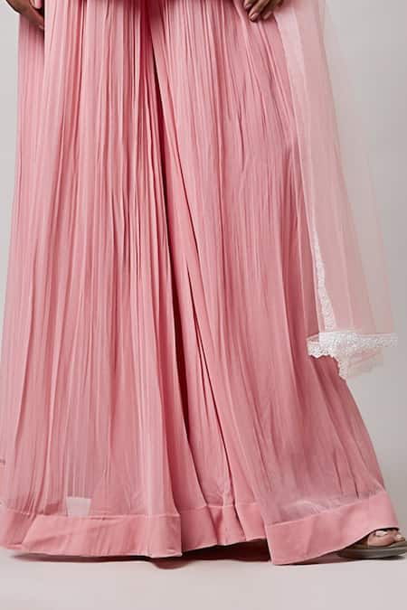 Sanjev Marwaaha_Pink Net, Georgette, Silk Pearls Scoop Neck Embroidered Kurta Sharara Set_Online_at_Aza_Fashions