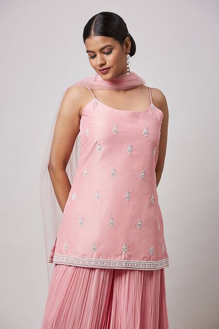 Buy_Sanjev Marwaaha_Pink Net, Georgette, Silk Pearls Scoop Neck Embroidered Kurta Sharara Set_Online_at_Aza_Fashions
