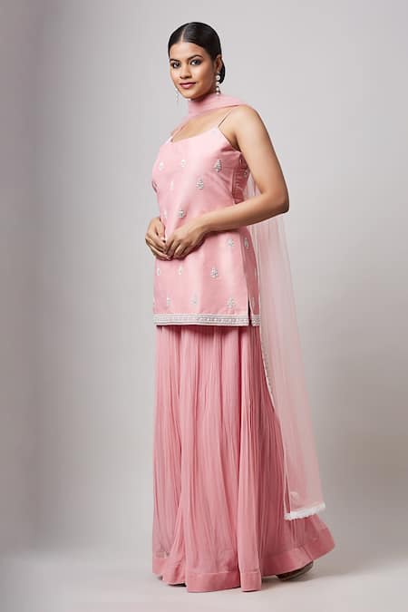 Shop_Sanjev Marwaaha_Pink Net, Georgette, Silk Pearls Scoop Neck Embroidered Kurta Sharara Set_Online_at_Aza_Fashions