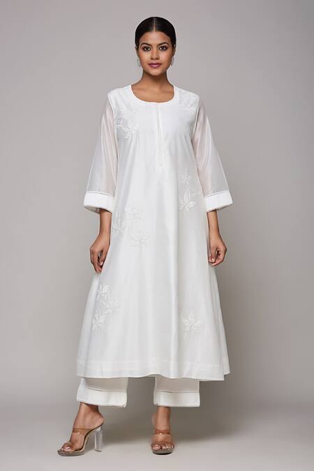 Shop_Sanjev Marwaaha_Ivory Chanderi Embroidery, Lace, Pearls Round Neck A-line Kurta Pant Set_Online_at_Aza_Fashions