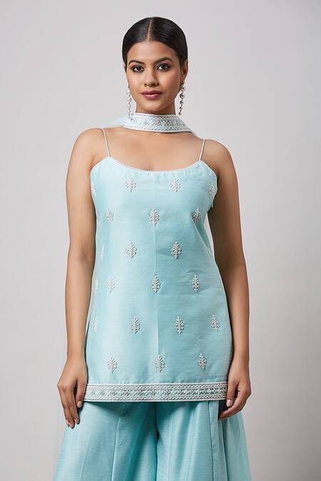 Buy_Sanjev Marwaaha_Green Net, Silk Pearls, Embroidery Scoop Neck Straight Kurta Sharara Set_Online_at_Aza_Fashions