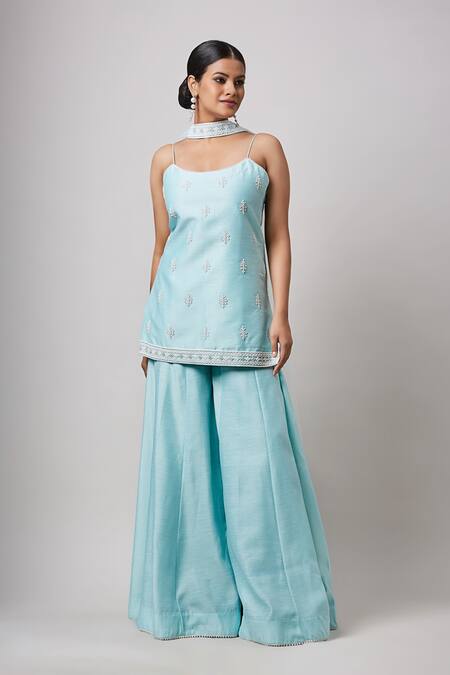 Shop_Sanjev Marwaaha_Green Net, Silk Pearls, Embroidery Scoop Neck Straight Kurta Sharara Set_Online_at_Aza_Fashions