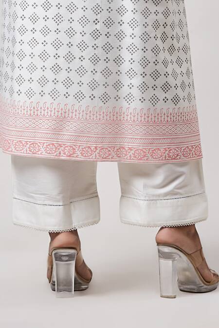 Sanjev Marwaaha_Ivory Chanderi, Cotton, Silk Embroidery, Pearls Hand Block Printed Kurta Set_Online_at_Aza_Fashions