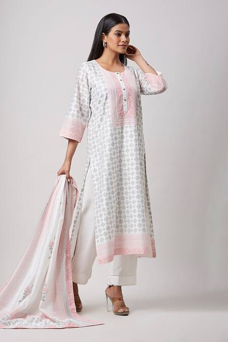 Buy_Sanjev Marwaaha_Ivory Chanderi, Cotton, Silk Embroidery, Pearls Hand Block Printed Kurta Set_Online_at_Aza_Fashions