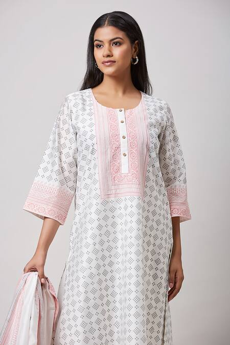 Shop_Sanjev Marwaaha_Ivory Chanderi, Cotton, Silk Embroidery, Pearls Hand Block Printed Kurta Set_Online_at_Aza_Fashions
