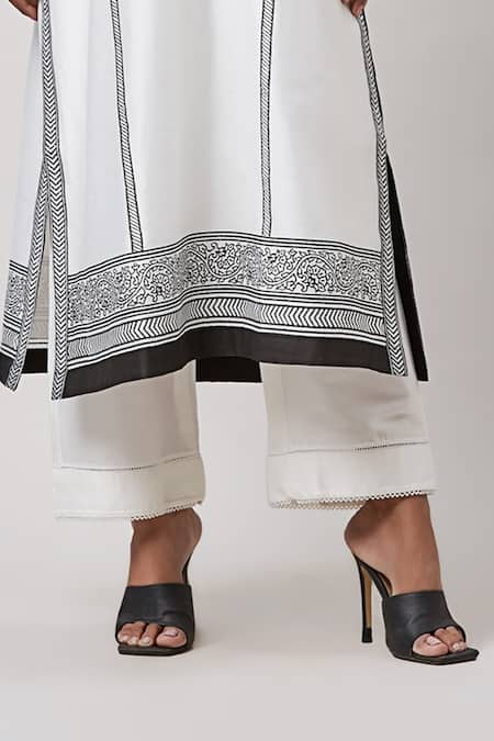 Buy_Sanjev Marwaaha_Ivory Chanderi, Cotton, Silk Embroidery Round Neck Hand Block Print Kurta Set_Online_at_Aza_Fashions