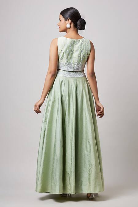 Shop Sanjev Marwaaha Green Silk, Organza Embroidery High Neck Hand Lehenga Set at Aza Fashions Shop_Sanjev Marwaaha_Green Silk, Organza Embroidery High Neck Hand Lehenga Set_at_Aza_Fashions