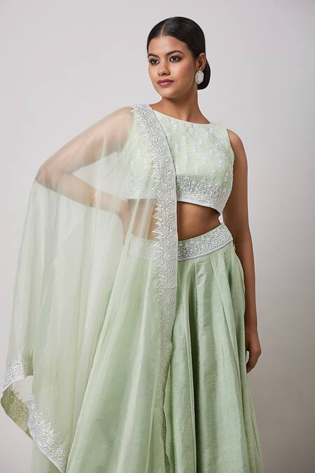 Sanjev Marwaaha Green Silk, Organza Embroidery High Neck Hand Lehenga Set Online at Aza Fashions Sanjev Marwaaha_Green Silk, Organza Embroidery High Neck Hand Lehenga Set_Online_at_Aza_Fashions