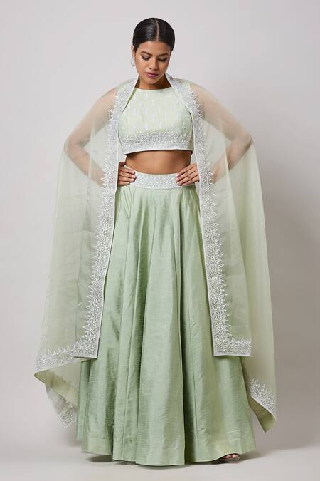 Buy Sanjev Marwaaha Green Silk, Organza Embroidery High Neck Hand Lehenga Set Online at Aza Fashions Buy_Sanjev Marwaaha_Green Silk, Organza Embroidery High Neck Hand Lehenga Set_Online_at_Aza_Fashions