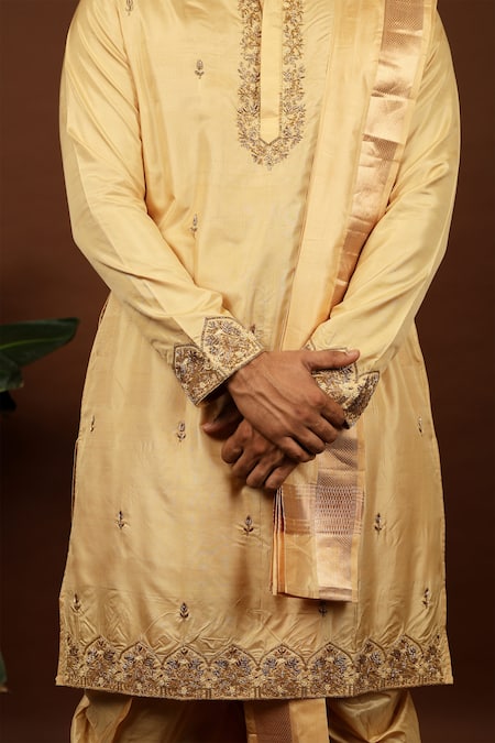 Shop_Hilo Design_Gold Silk Cut Work, Zari Dorado Hand Embordered Kurta Set _Online_at_Aza_Fashions