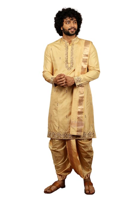 Hilo Design_Gold Silk Cut Work, Zari Dorado Hand Embordered Kurta Set _at_Aza_Fashions