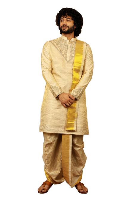 Shop Hilo Design Gold Silk Cut Work, Zari Opulencia Hand Embroidered Kurta Set Online at Aza Fashions Shop_Hilo Design_Gold Silk Cut Work, Zari Opulencia Hand Embroidered Kurta Set _Online_at_Aza_Fashions