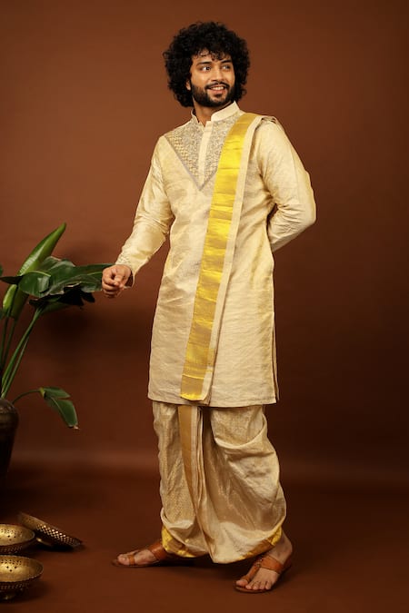 Hilo Design Gold Silk Cut Work, Zari Opulencia Hand Embroidered Kurta Set at Aza Fashions Hilo Design_Gold Silk Cut Work, Zari Opulencia Hand Embroidered Kurta Set _at_Aza_Fashions