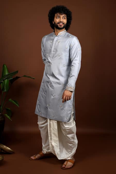 Shop Hilo Design Grey Silk Zari, Embroidery Gracia Kanchipuram Hand Kurta Set Online at Aza Fashions Shop_Hilo Design_Grey Silk Zari, Embroidery Gracia Kanchipuram Hand Kurta Set _Online_at_Aza_Fashions
