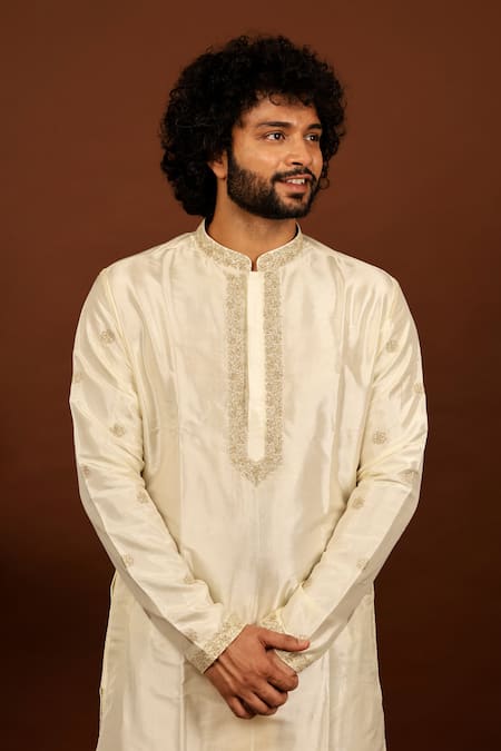 Buy_Hilo Design_Off White Silk Embroidery Lujo Kurta Dhoti Pant Set _Online_at_Aza_Fashions