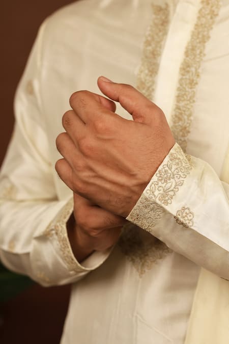 Shop_Hilo Design_Off White Silk Embroidery Lujo Kurta Dhoti Pant Set _Online_at_Aza_Fashions