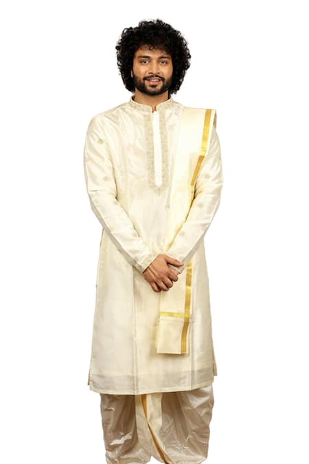 Hilo Design_Off White Silk Embroidery Lujo Kurta Dhoti Pant Set _at_Aza_Fashions