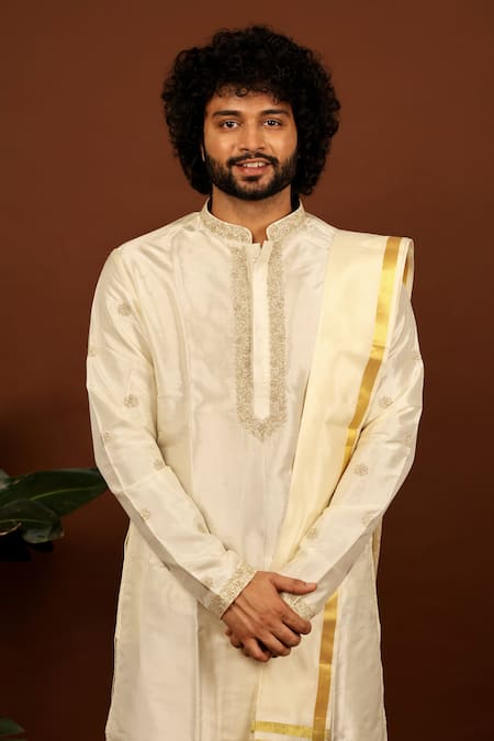 Hilo Design_Off White Silk Embroidery Lujo Kurta Dhoti Pant Set _Online_at_Aza_Fashions