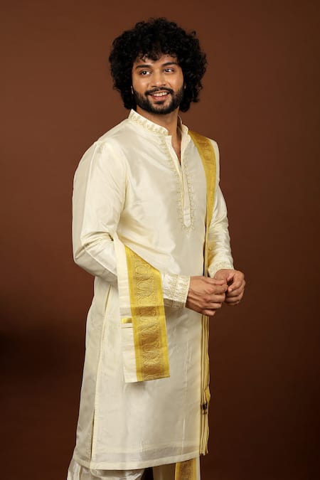 Shop_Hilo Design_Off White Silk, Pashmina Embroidery, Zari Hueso Kurta Dhoti Pant Set _Online_at_Aza_Fashions