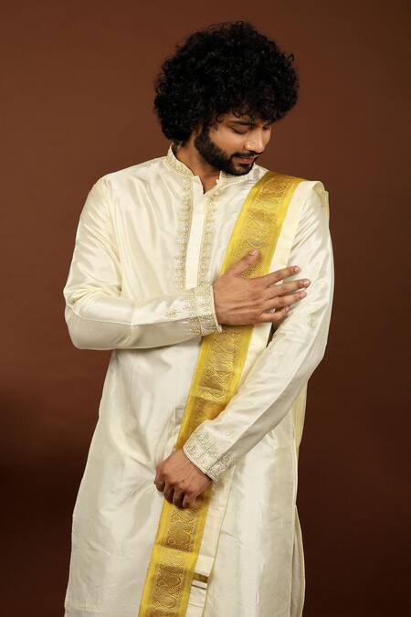 Hilo Design_Off White Silk, Pashmina Embroidery, Zari Hueso Kurta Dhoti Pant Set _at_Aza_Fashions