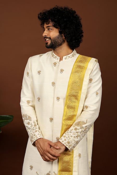Buy_Hilo Design_Ivory Silk Embroidery Oro Sherwani Dhoti Pant Set _Online_at_Aza_Fashions