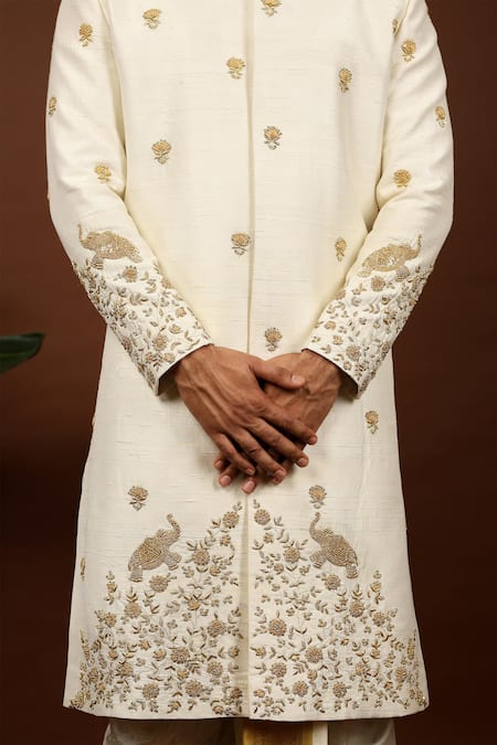 Shop_Hilo Design_Ivory Silk Embroidery Oro Sherwani Dhoti Pant Set _Online_at_Aza_Fashions