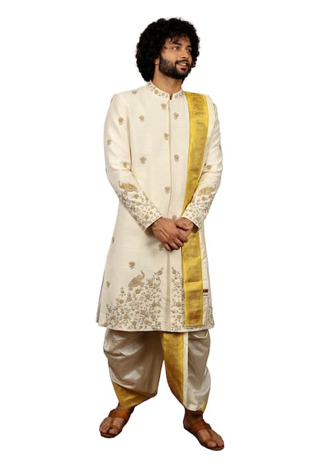 Hilo Design_Ivory Silk Embroidery Oro Sherwani Dhoti Pant Set _at_Aza_Fashions