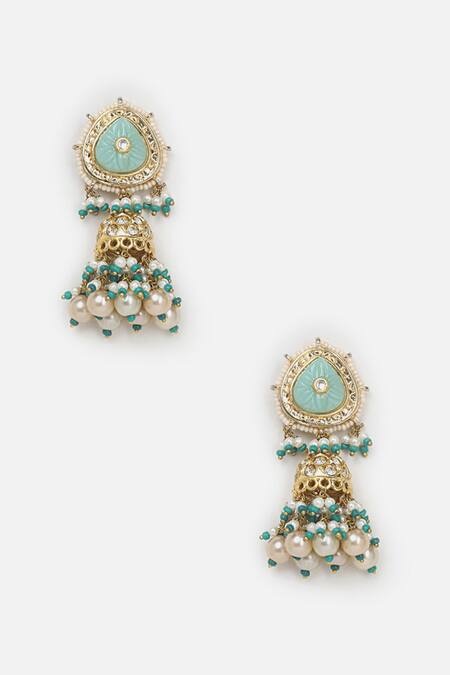 Buy_Dugran By Dugristyle_Green Kundan And Pearl Embellished Jhumkas _Online_at_Aza_Fashions