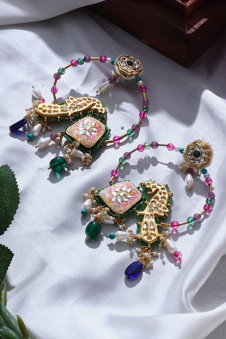 Dugran By Dugristyle_Multi Color Pearls, Gota Patti, Stones Peacock Motif Embellished Earrings _Online_at_Aza_Fashions