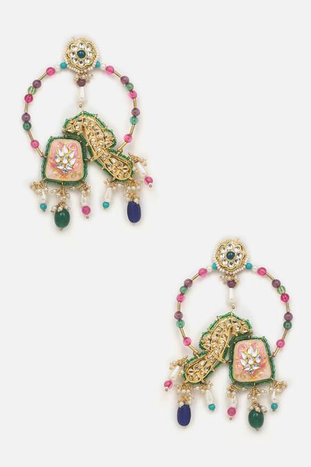 Buy_Dugran By Dugristyle_Multi Color Pearls, Gota Patti, Stones Peacock Motif Embellished Earrings _Online_at_Aza_Fashions