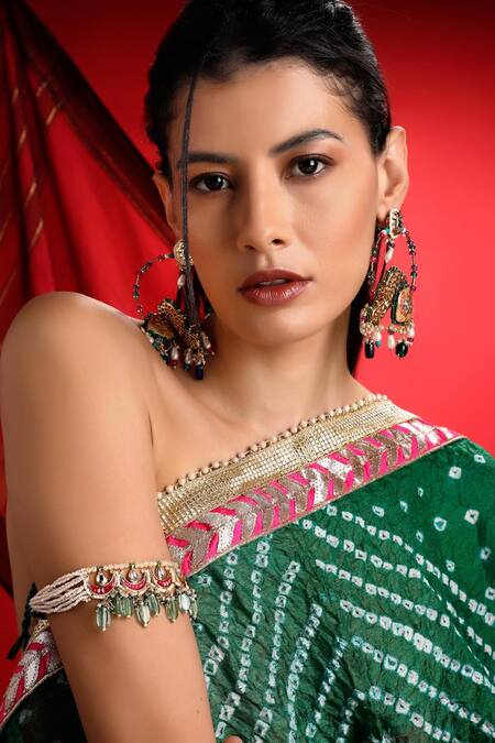 Shop_Dugran By Dugristyle_Multi Color Pearls, Gota Patti, Stones Peacock Motif Embellished Earrings _Online_at_Aza_Fashions