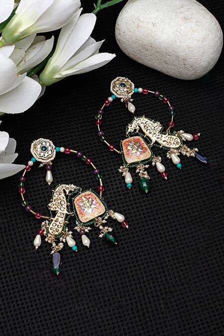 Dugran By Dugristyle_Multi Color Pearls, Gota Patti, Stones Peacock Motif Embellished Earrings _at_Aza_Fashions