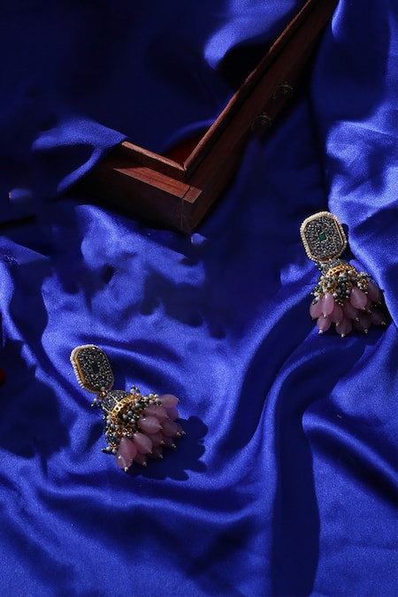 Dugran By Dugristyle Blue Applique, Crystals, Stones American Diamond And Kundan Embellished Jhumkas Online at Aza Fashions Dugran By Dugristyle_Blue Applique, Crystals, Stones American Diamond And Kundan Embellished Jhumkas _Online_at_Aza_Fashions