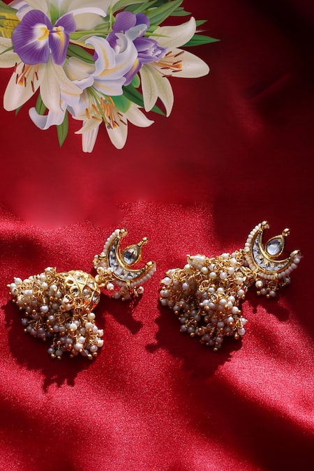 Dugran By Dugristyle_Cream American Diamond And Natural Stone Embellished Jhumkas _Online_at_Aza_Fashions