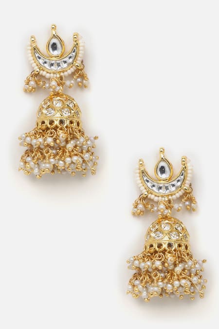 Buy_Dugran By Dugristyle_Cream American Diamond And Natural Stone Embellished Jhumkas _Online_at_Aza_Fashions