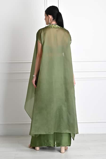 Shop_One Knot One By Ashna_Green Silk Satin Sequins, Beads, Floral Border Embroidered Cape Draped Skirt Set _at_Aza_Fashions